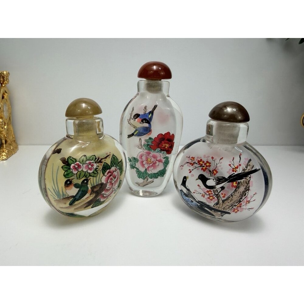 Set Of 3 Vintage Chinese Inside Painted Snuff Bottles Birds Flowers W Stoppers